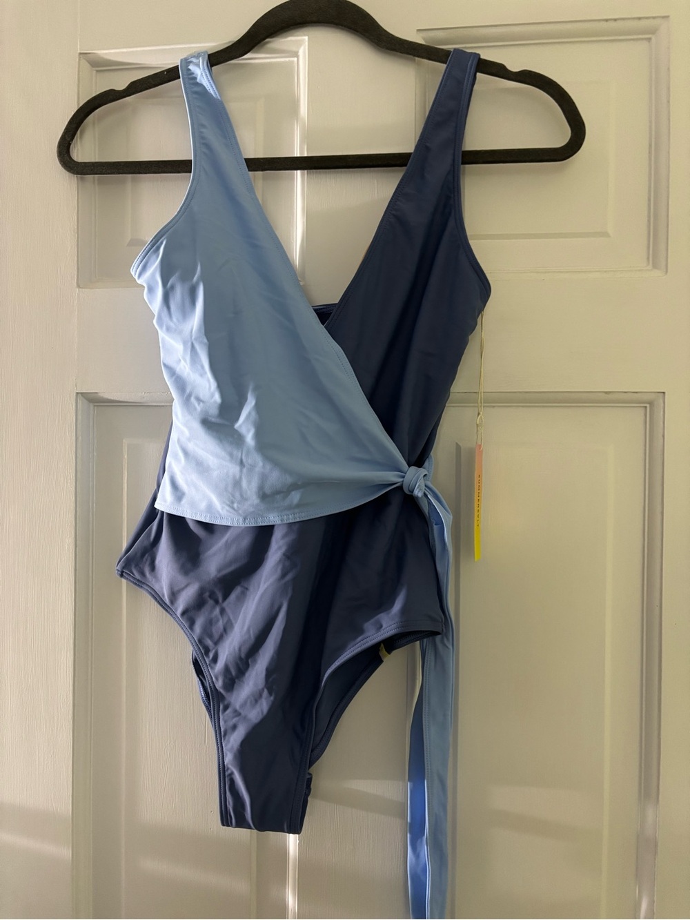 summersalt Two-Tone Light Blue and Navy Wrap One-Piece Swimsuit for women